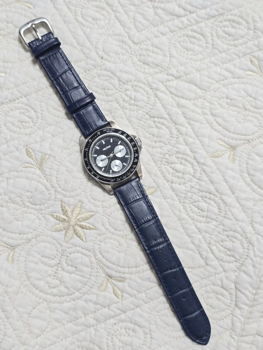 Nautica Chronograph Quartz Watch Men Tachymeter Navy Blue Subdials Leather Strap